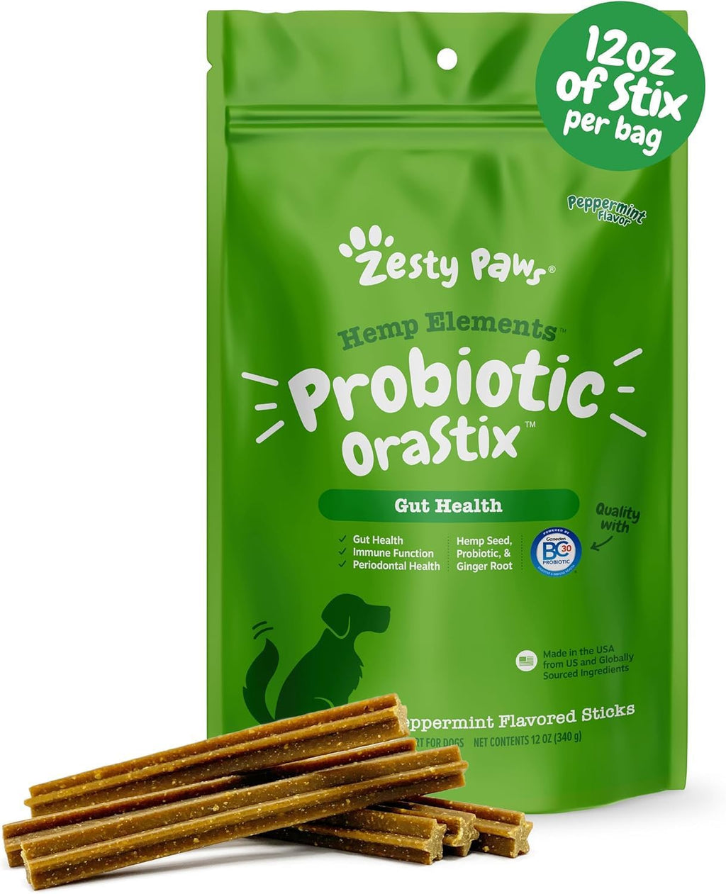 Zesty Paws OraStix para Perros - Palitos Probióticos con Semilla de Cáñamo, Curcumina, Jengibre y Taurina - Apoya la Función Intestinal y el Sistema Inmunológico - 25 oz