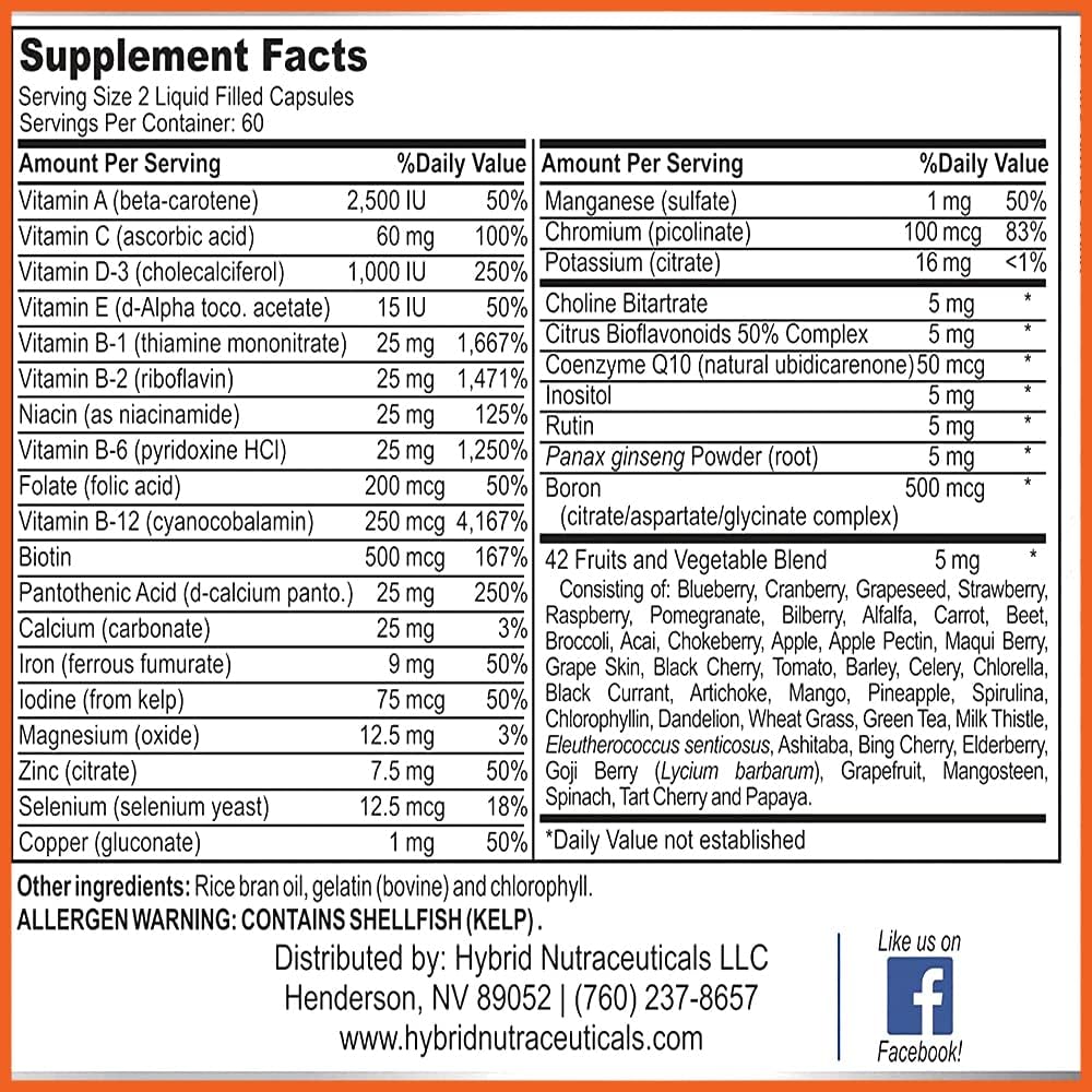 Multivitamínico Líquido Multi para Hombres y Mujeres - Mezcla Completa de Alimentos Integrales con CoQ10, B12, 42 Superalimentos y Enzimas - 120 Cápsulas Blandas