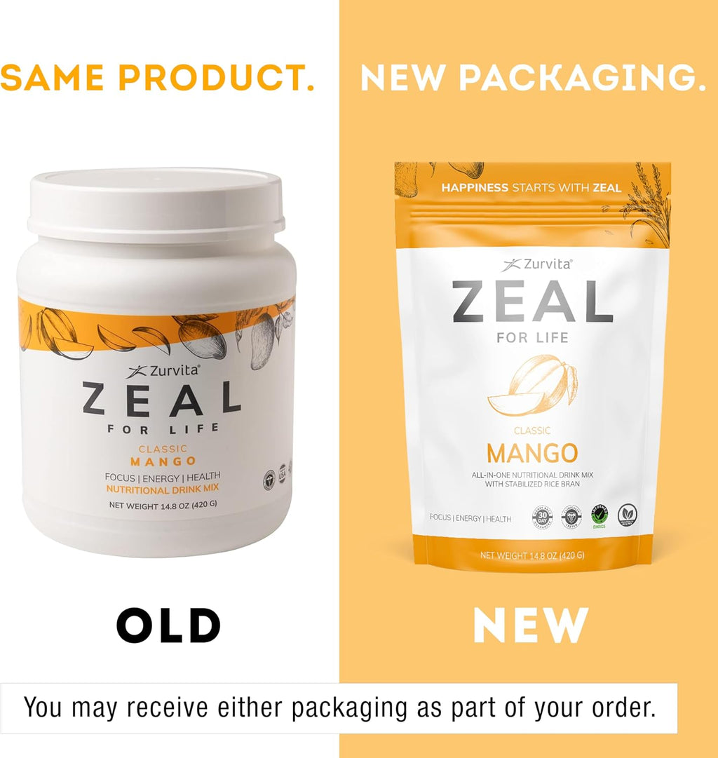 Zurvita Zeal for Life Wellness Drink Mix - Sabor Mango - Sin Gluten, Vegano, con Biotina, Vitaminas B12, C, D, E, Hierro, Magnesio - 30 Porciones (420g)