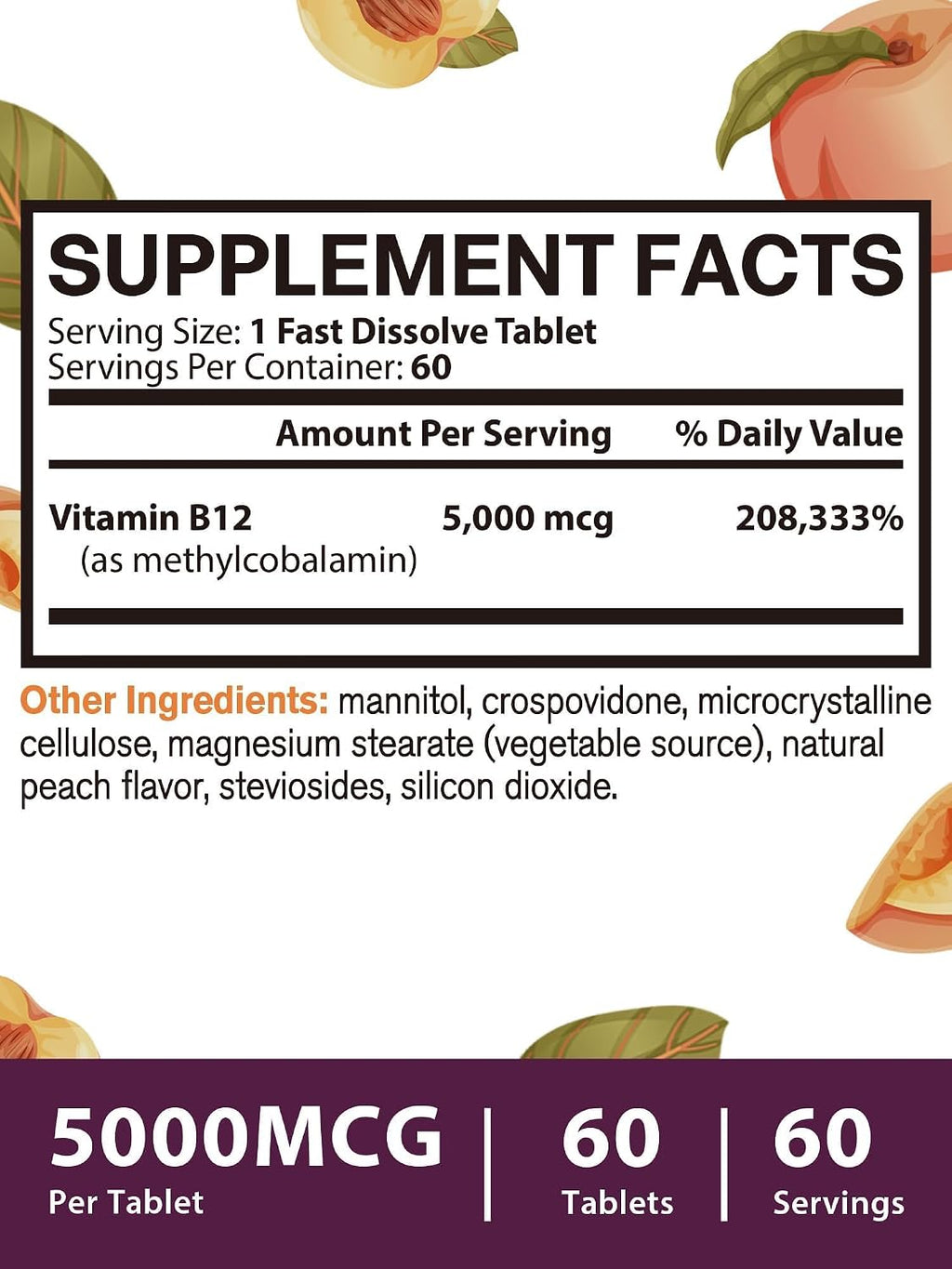 Vitamina B12 Sublingual, Metilcobalamina 5000mcg para Energía, Nervios y Células, Sabor Natural a Melocotón, Vegano, Sin Azúcar, 60 Comprimidos de Disolución Rápida
