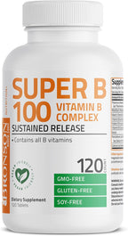 Bronson Super B100 Complejo de Vitaminas B Liberación Sostenida, 120 Comprimidos