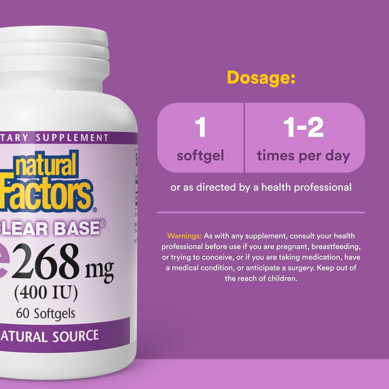 Natural Factors Clear Base Vitamina E 400 UI, 60 Cápsulas Blandas