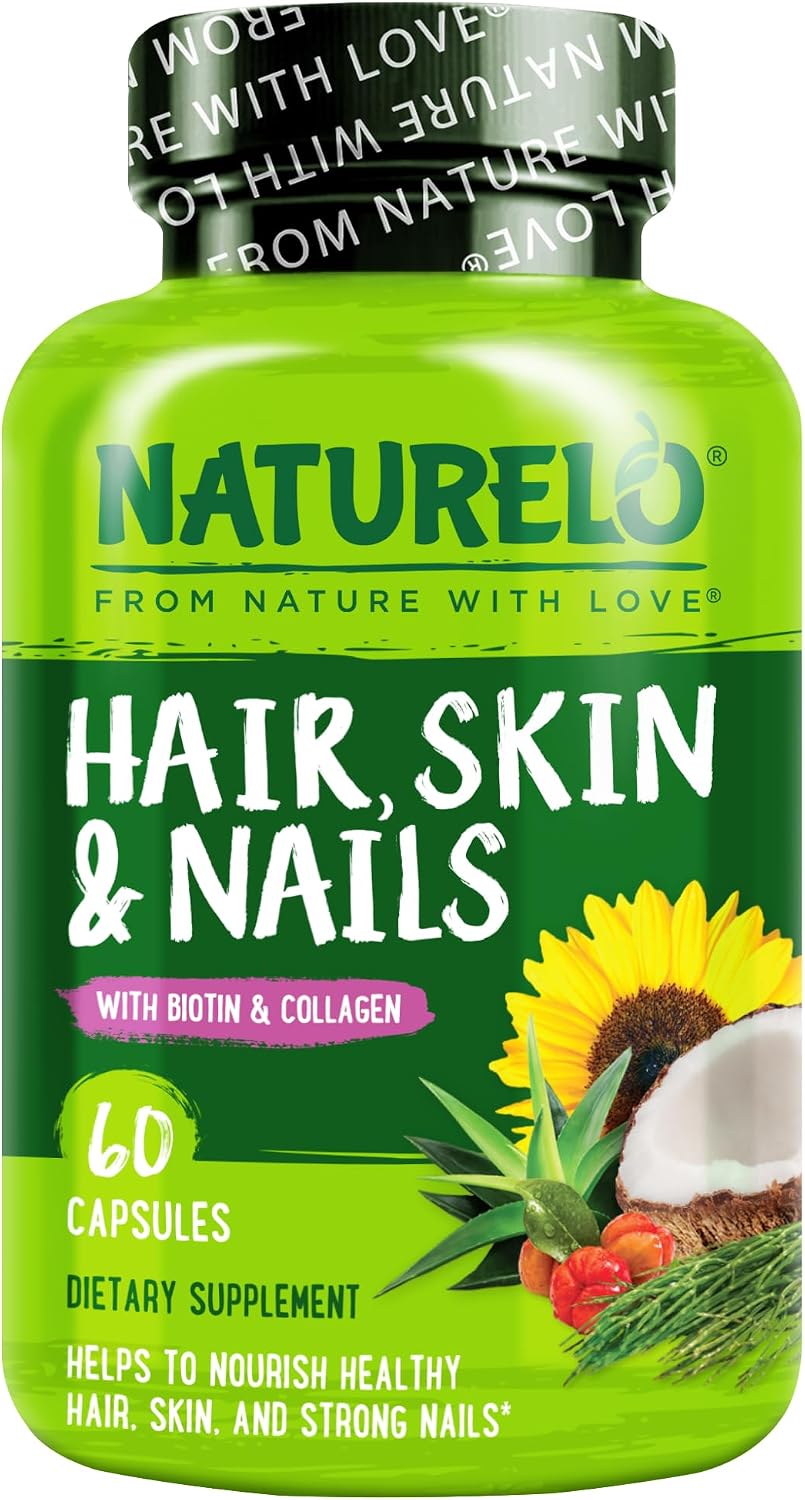 NATURELO Vitaminas para Cabello, Piel y Uñas - 5000 mcg Biotina, Colágeno, Vitamina E - 60 Cápsulas