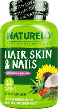NATURELO Vitaminas para Cabello, Piel y Uñas - 5000 mcg Biotina, Colágeno, Vitamina E Natural - 60 Cápsulas