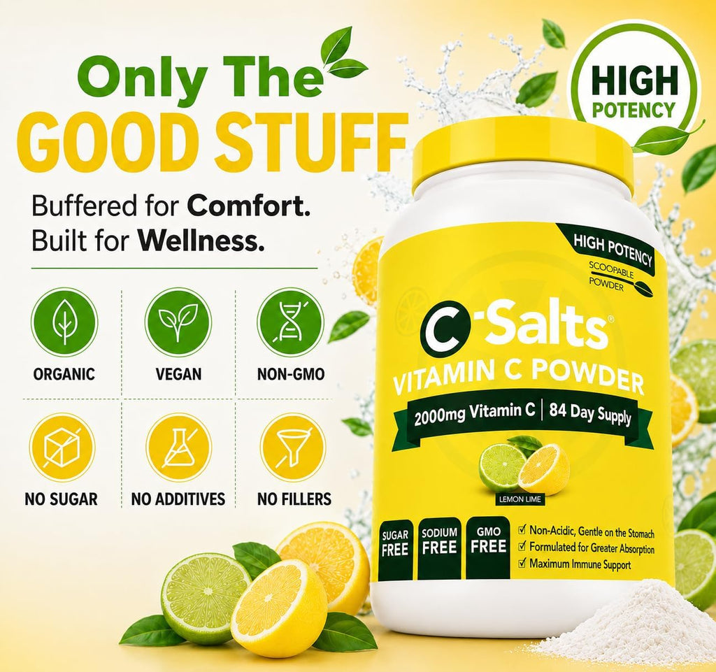 C-Salts Buffered Vitamin C Powder - Vitamina C en Polvo Orgánica, Suave para el Estómago, 84 Dosis (Lemon Lime, 227g)