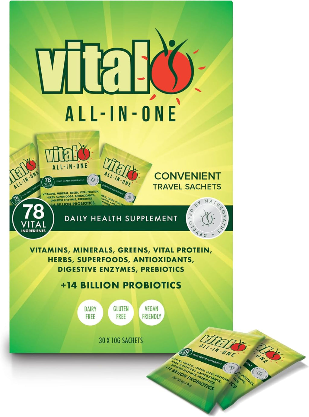 Vital All-in-One Daily Powdered Supplement - Mezcla de Super Greens en Polvo con Probióticos y Antioxidantes - 300 g