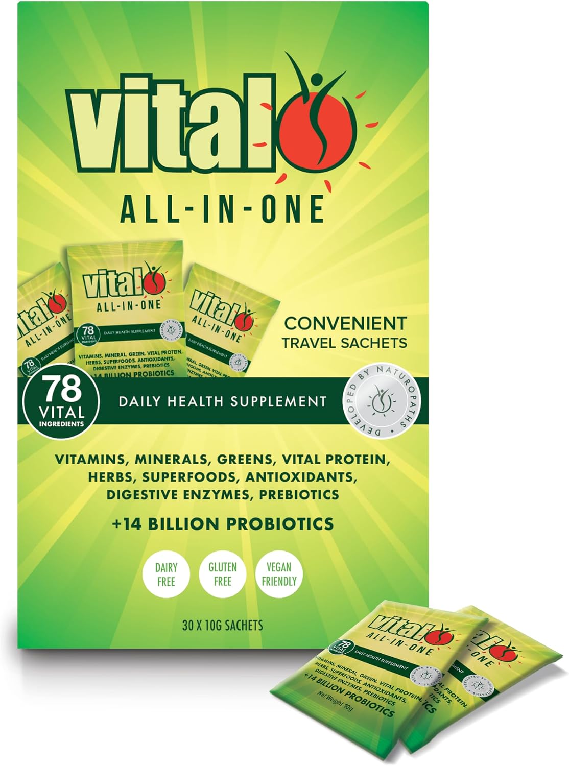 Vital All-in-One Daily Powdered Supplement - Mezcla de Super Greens en Polvo con Probióticos y Antioxidantes - 300 g