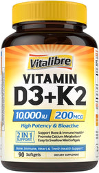 Vitalibre Vitamina D3 K2, 10000 UI D3 / 200 mcg K2 MK7, 90 Cápsulas Blandas