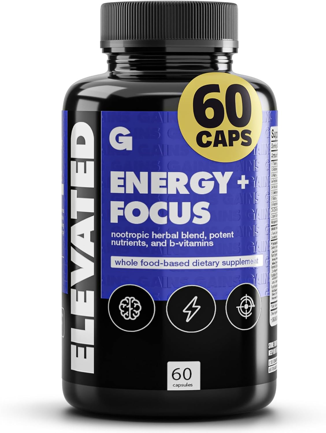 Gains in Bulk Elevated Nootropic Herbal Energy Suplemento Energético y de Enfoque, 60 Cápsulas