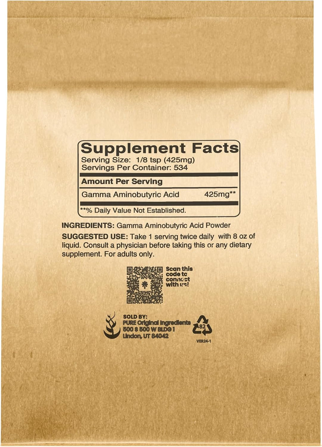 Pure Original Ingredients GABA (Ácido Gamma-Aminobutírico) en Polvo – 227 g (8 oz), Puro, Sin Aditivos ni Rellenos