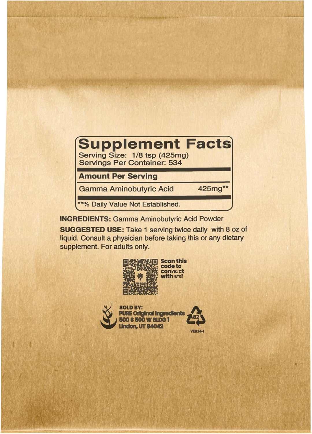 Pure Original Ingredients GABA (Ácido Gamma-Aminobutírico) en Polvo – 227 g (8 oz), Puro, Sin Aditivos ni Rellenos