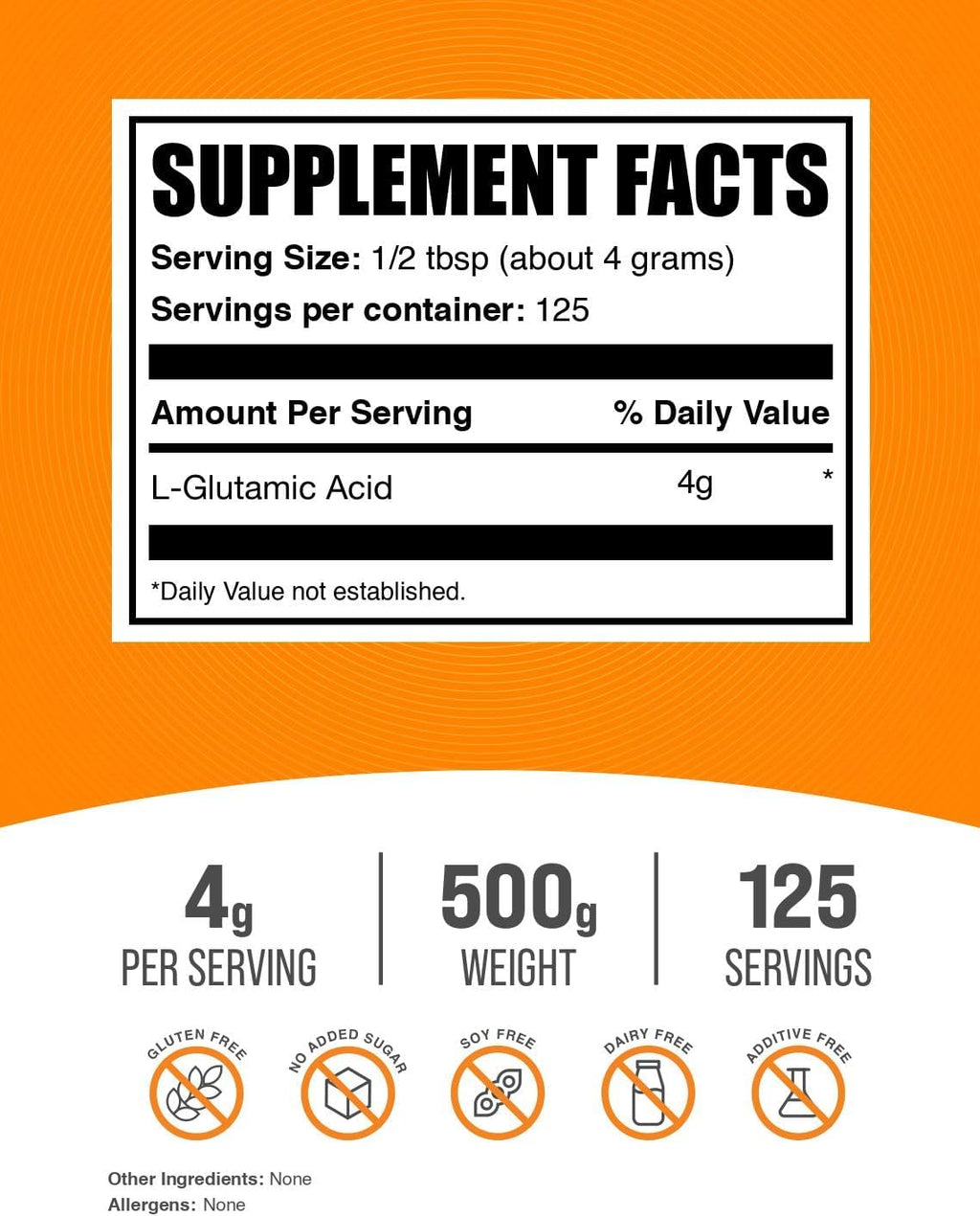 BulkSupplements.com Ácido L-Glutámico en Polvo - Suplemento de Glutamato, Aminoácido - Sin Sabor y Sin Gluten, 4g por Ración, 500g (1.1 lb)