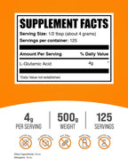 BulkSupplements.com Ácido L-Glutámico en Polvo - Suplemento de Glutamato, Aminoácido - Sin Sabor y Sin Gluten, 4g por Ración, 500g (1.1 lb)