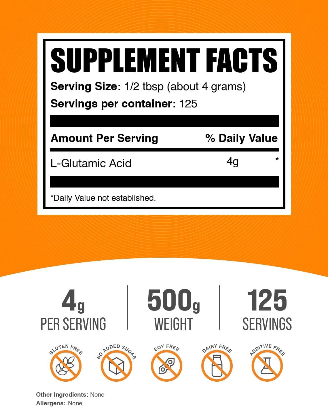 BulkSupplements.com Ácido L-Glutámico en Polvo - Suplemento de Glutamato, Aminoácido - Sin Sabor y Sin Gluten, 4g por Ración, 500g (1.1 lb)