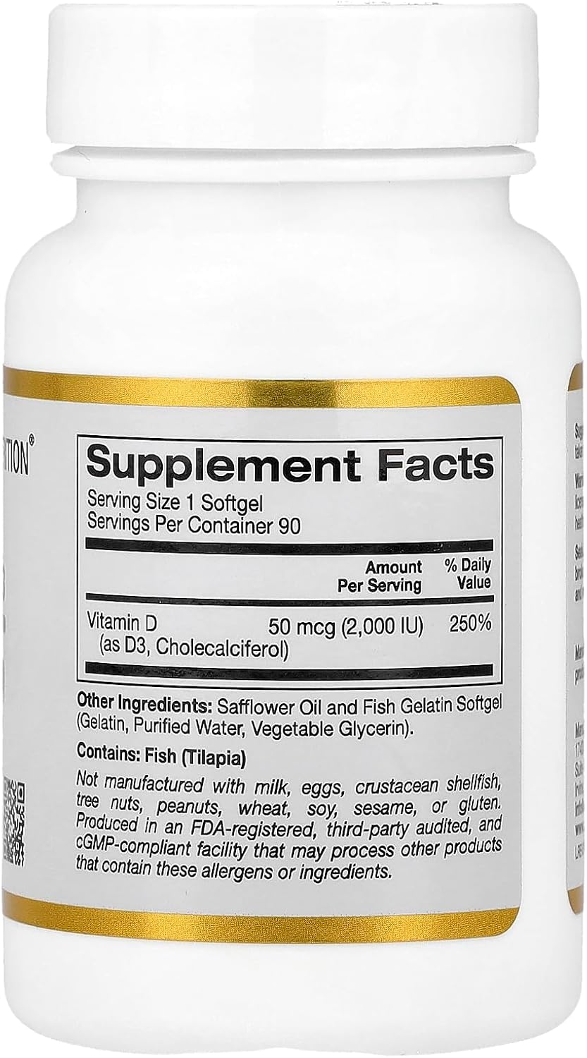California Gold Nutrition Vitamina D3, 50 mcg (2.000 UI), 90 Cápsulas Blandas de Gelatina de Pescado