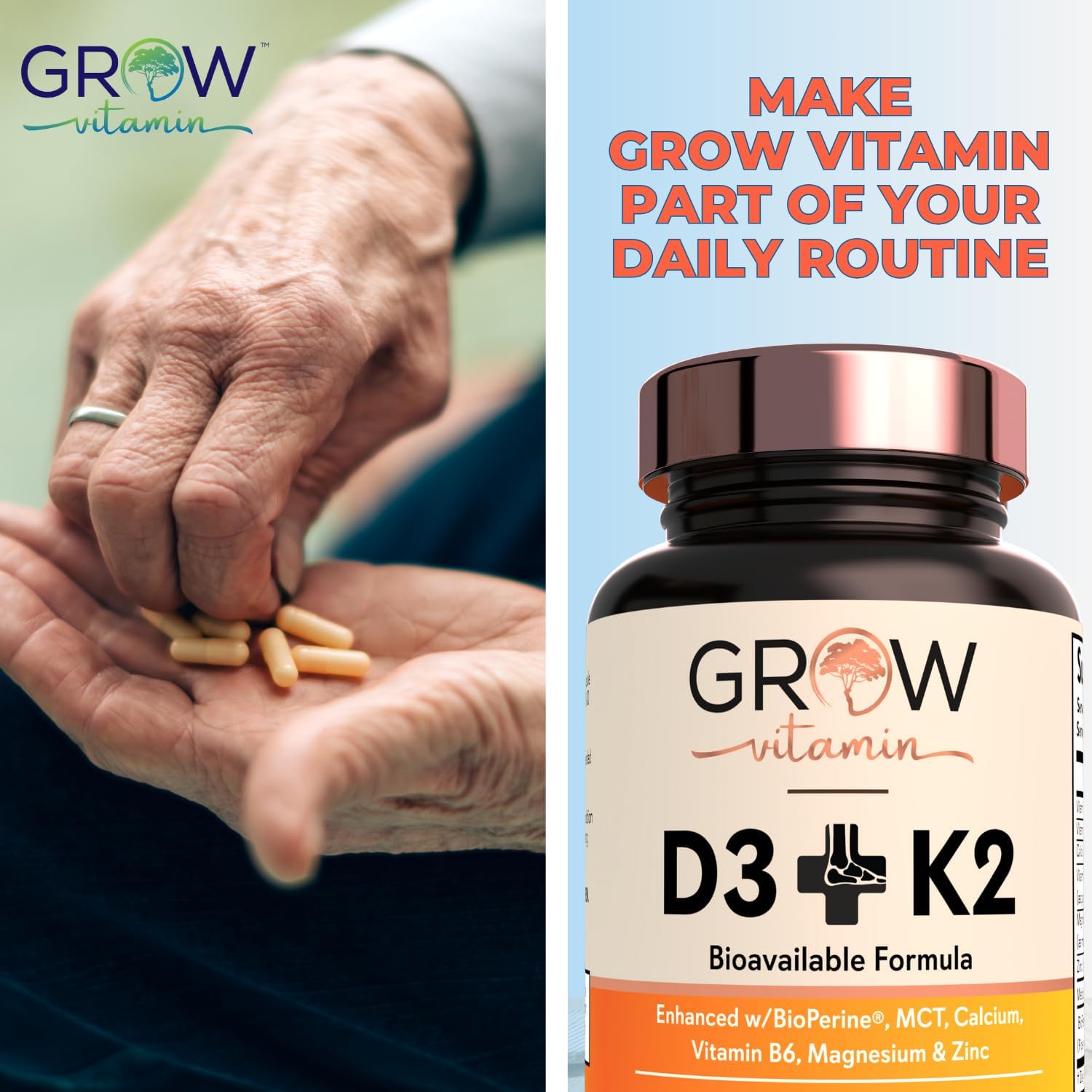 grow vitamin D3 K2 con MCT Oil - 10.000 UI D3, 100 mcg K2 MK-7, Calcio, Zinc, BioPerine, Magnesio - 60 Cápsulas