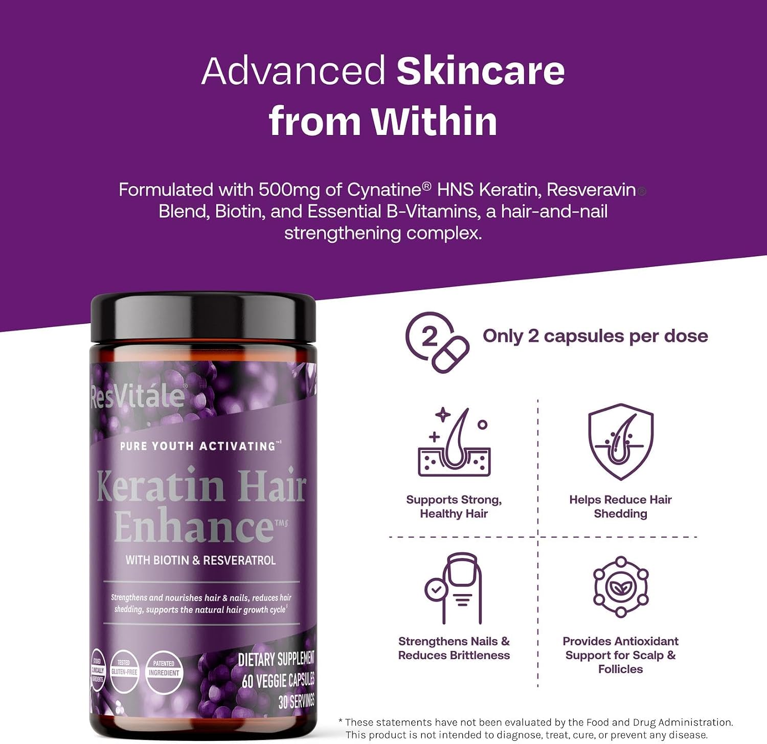 ResVitáale Keratin Hair Enhance - Suplemento de Queratina para el Crecimiento del Cabello - 60 Cápsulas