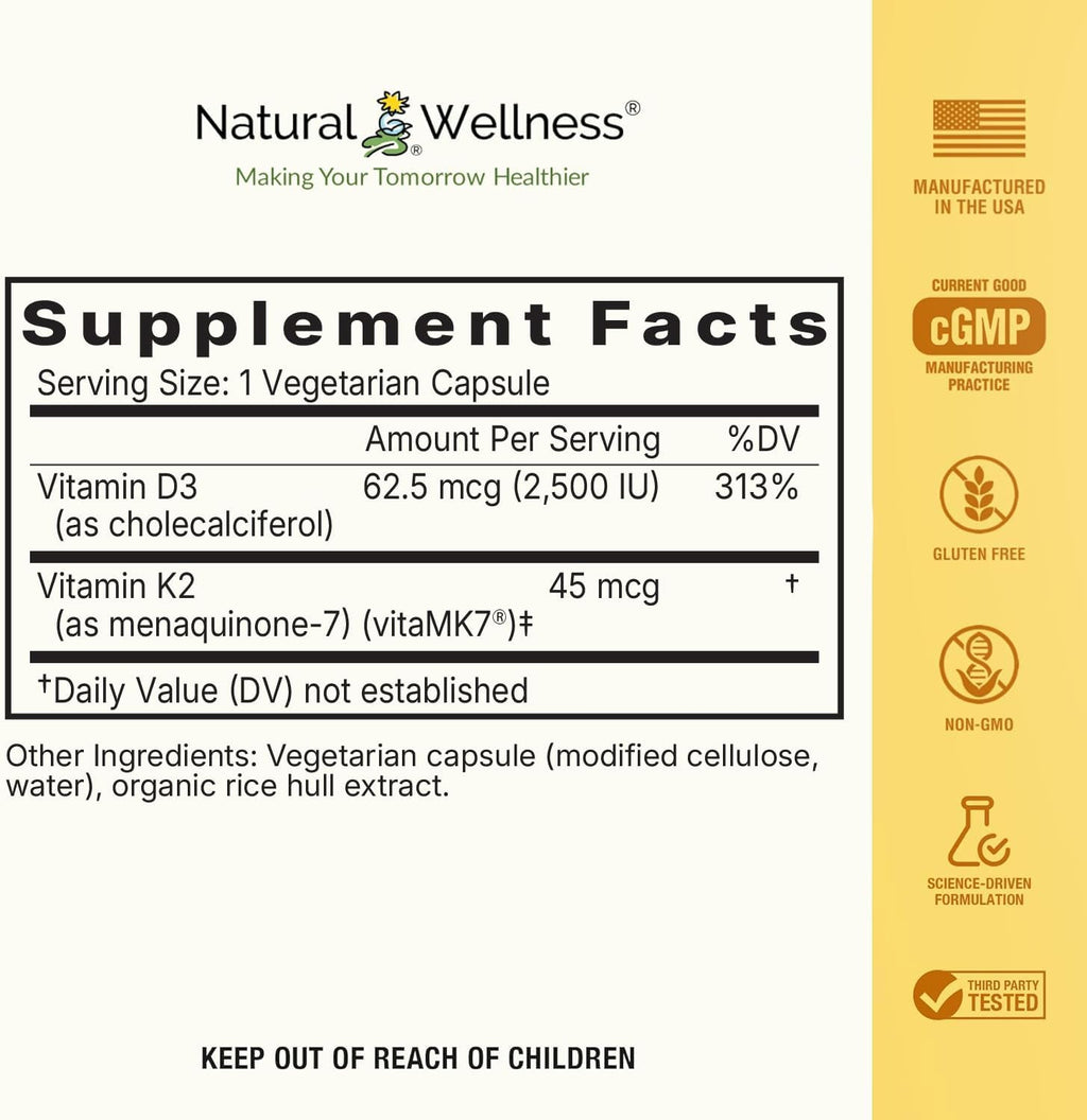 Natural Wellness Vitamina D3 + K2 2500 UI y 45 mcg MK-7 – 120 Cápsulas (2 Envases)