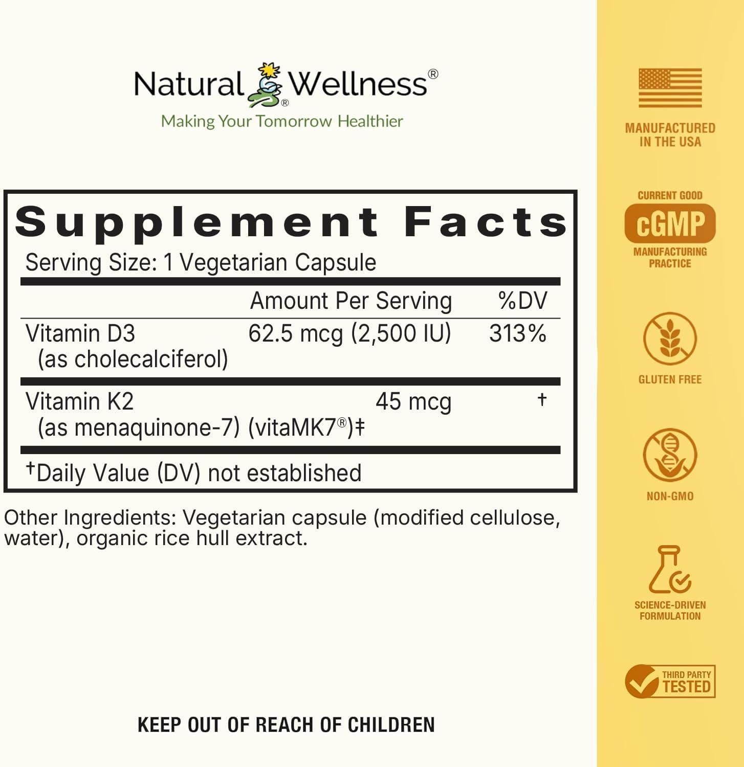 Natural Wellness Vitamina D3 + K2 2500 UI y 45 mcg MK-7 – 120 Cápsulas (2 Envases)