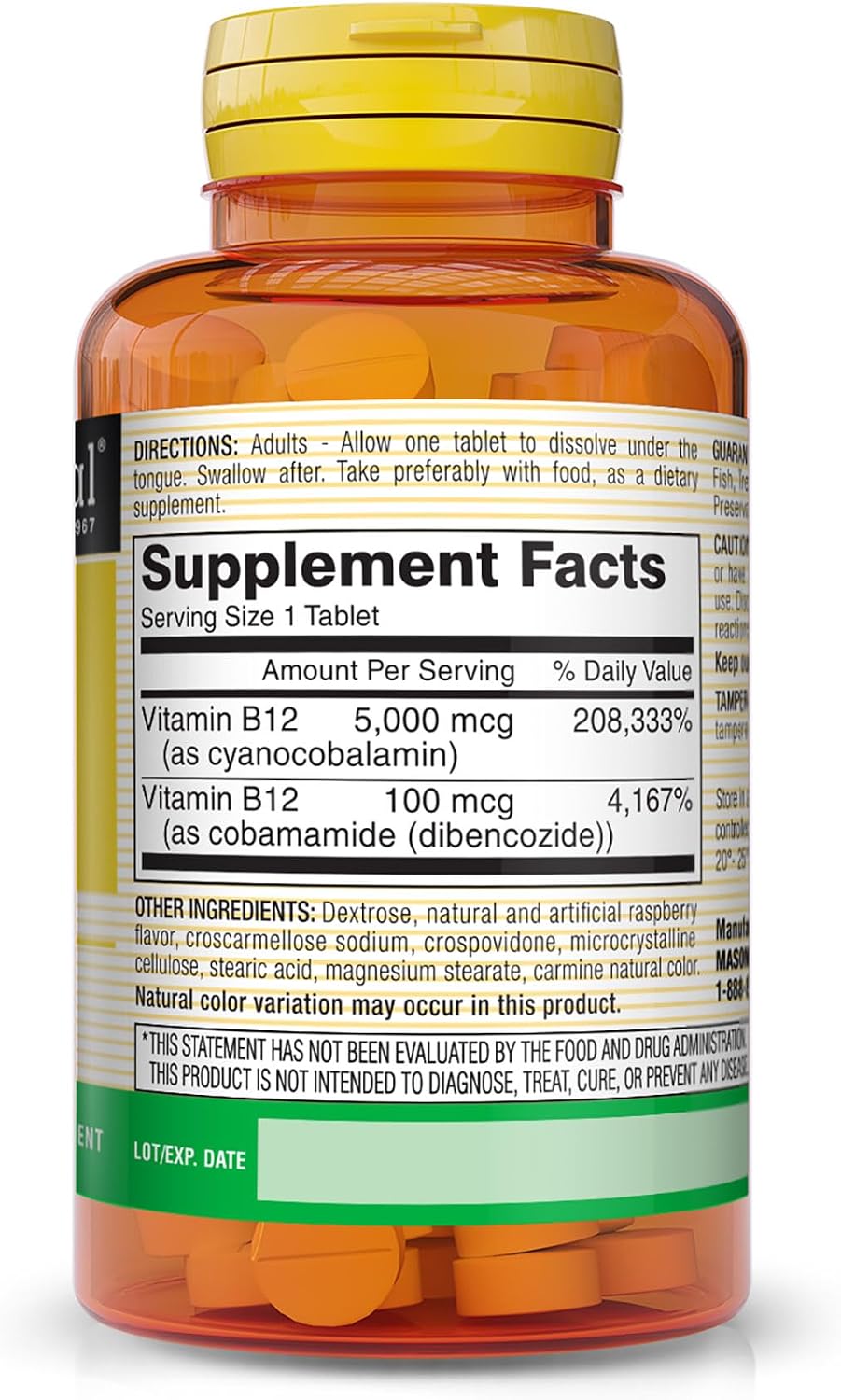 Mason Natural Vitamina B12 5000 mcg Sublingual - 30 Comprimidos Sabor Frambuesa