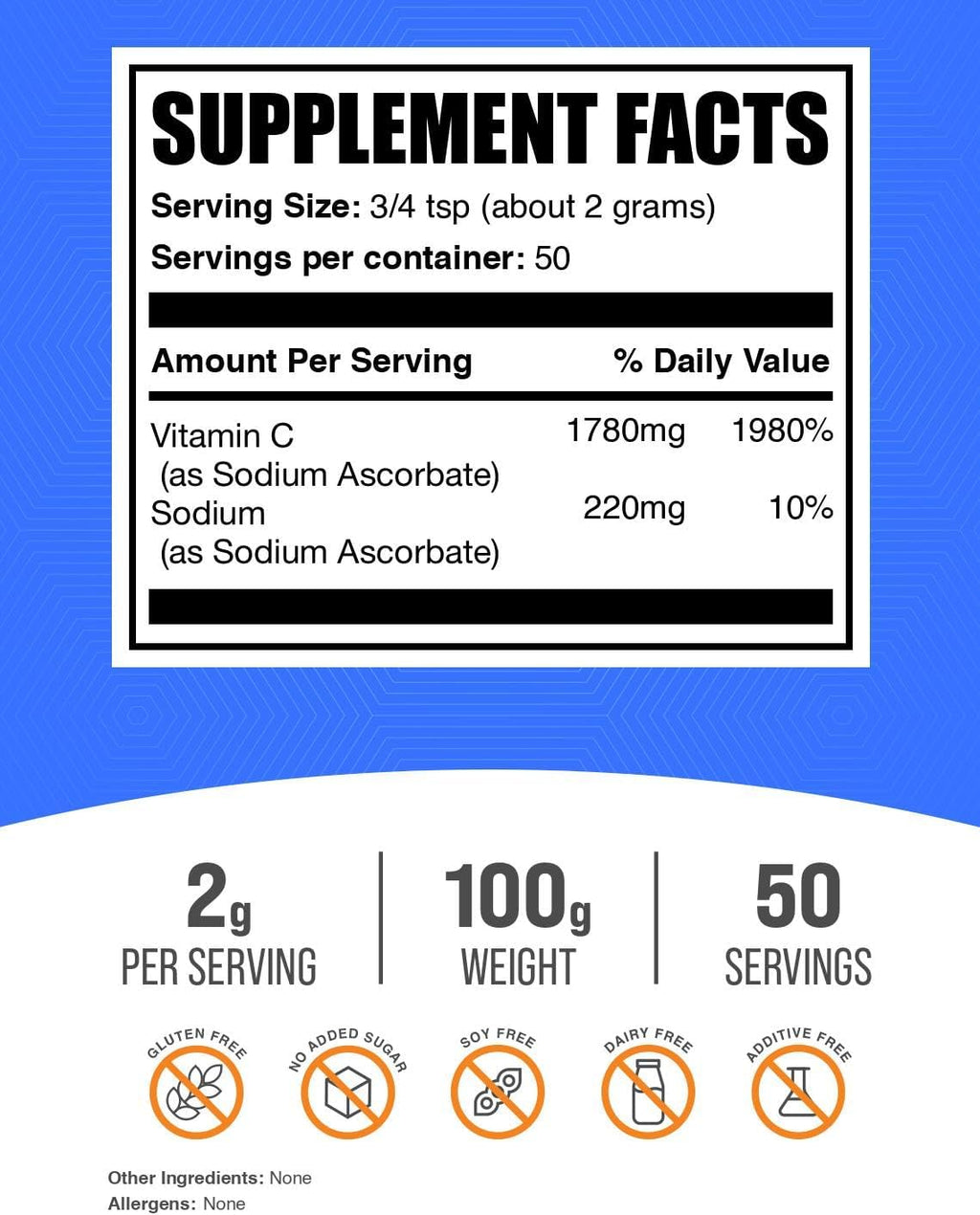 Sodium Ascorbate Powder - Buffered Vitamin C, 2g per Serving, 100g