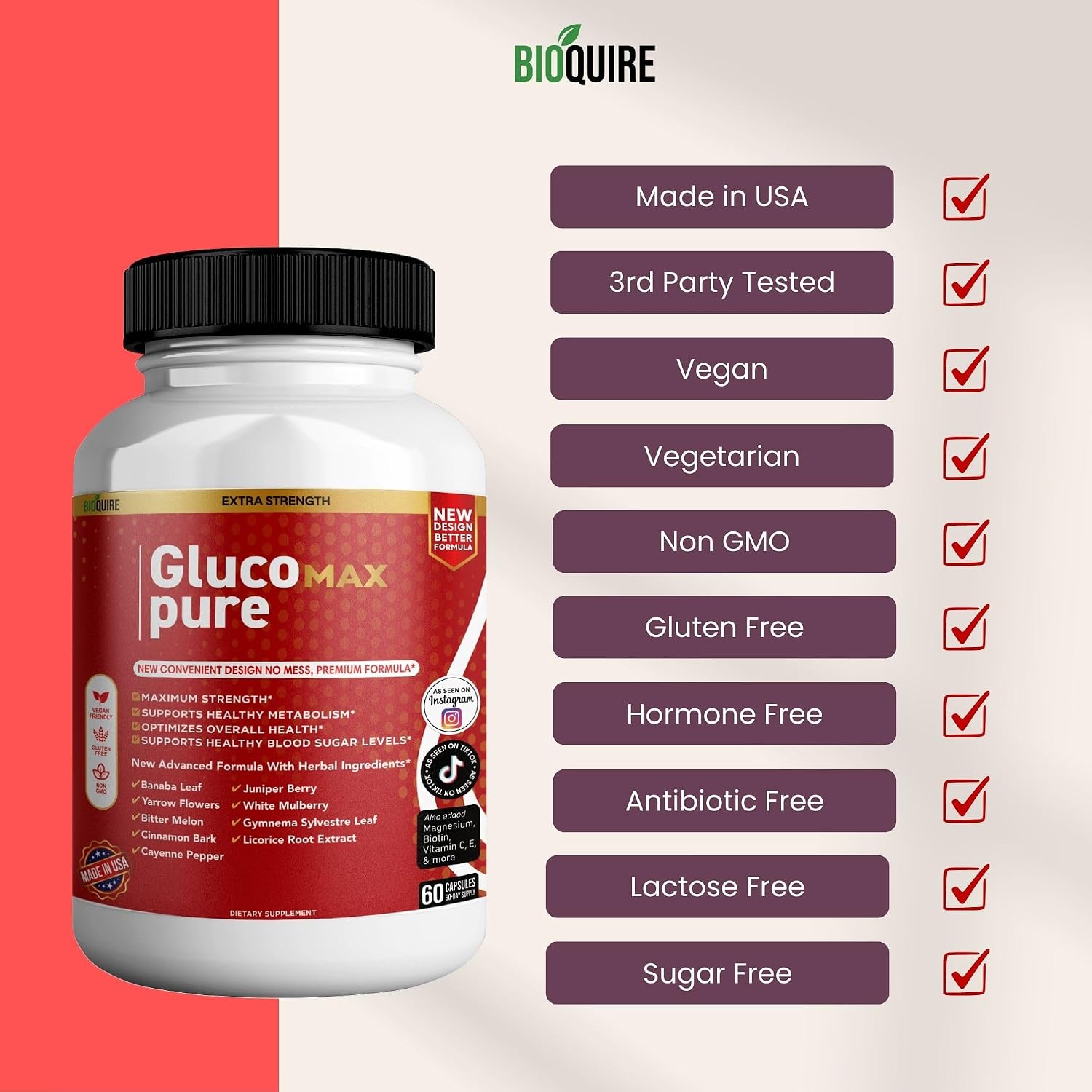 Gluco Max Pure Ultra – 60 Cápsulas – Fórmula Herbal con Vitaminas y Minerales