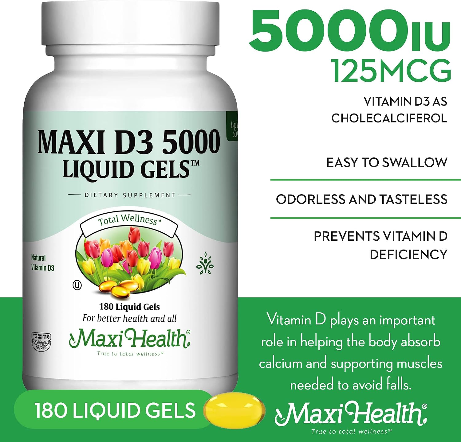 Maxi Health Vitamina D3 5000 IU – 180 Softgels