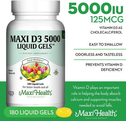 Maxi Health Vitamina D3 5000 IU – 180 – El mantenimiento de los huesos en condiciones normales. – Image 3