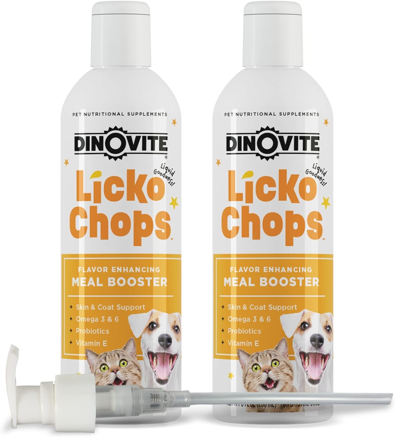 Dinovite Lickochops Suplemento para Perros y Gatos con Ácidos Grasos Omega-3 y 6, Probióticos y Vitamina E, 473 ml con Dosificador