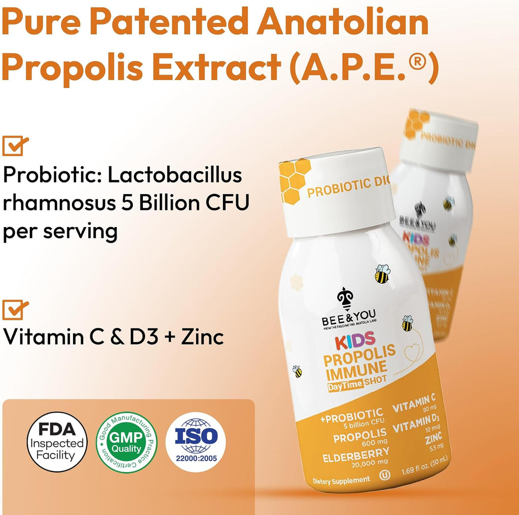 Bee and You Kids Propolis Immune Day Time Shot - Probiótico, Vitamina C, D3, Zinc, Apoyo Inmunitario y Digestivo, 1.69 fl oz, Pack de 12