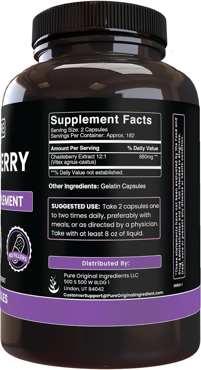 Pure Original Ingredients Vitex Berry (Chasteberry) – 365 Cápsulas, Sin Rellenos, Puro