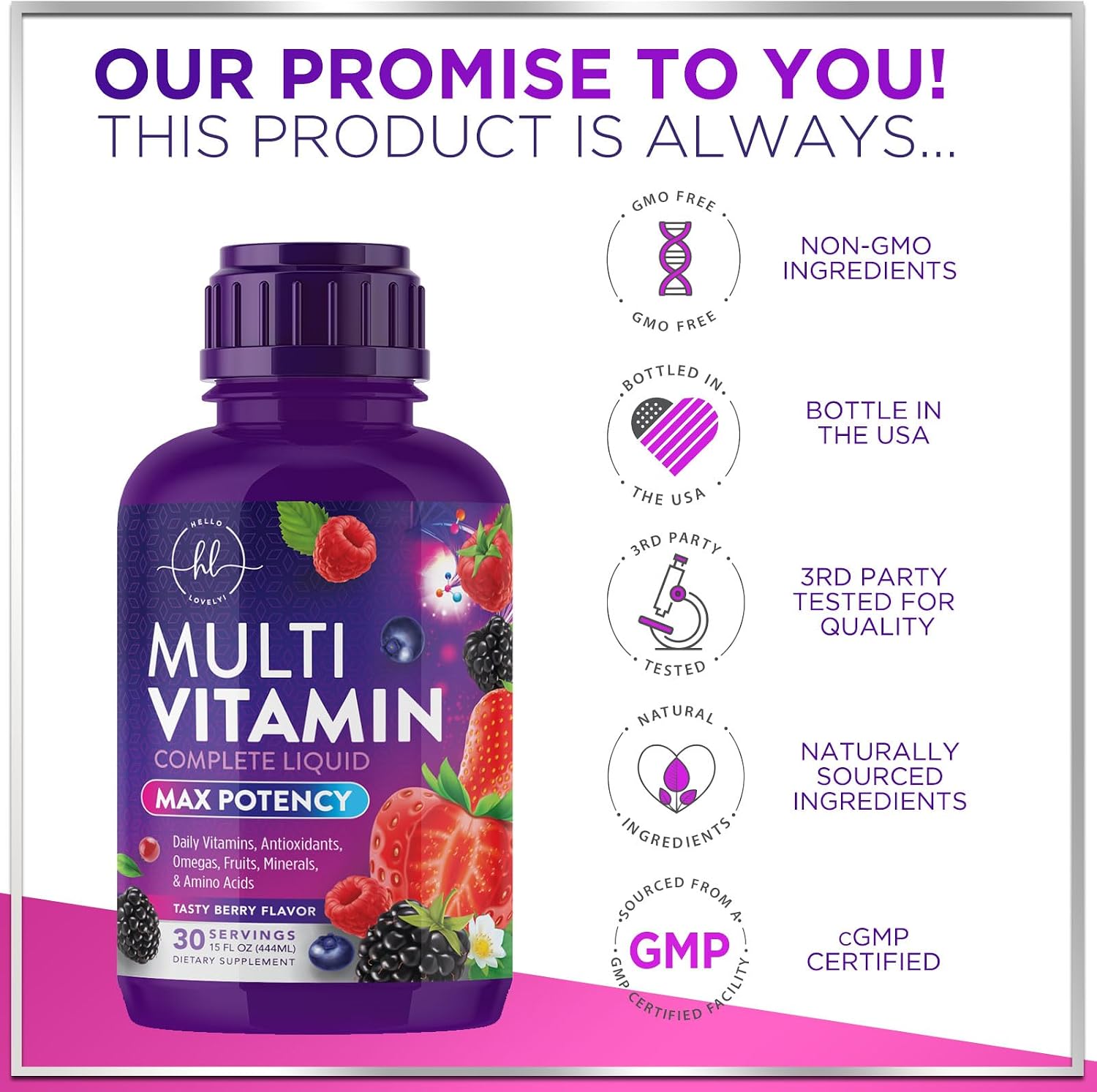 Hello Lovely! Multivitamínico Líquido Sin Azúcar - Complejo de Vitaminas A, C, D, B12, Biotina y Zinc - Sabor Bayas, 444 ml