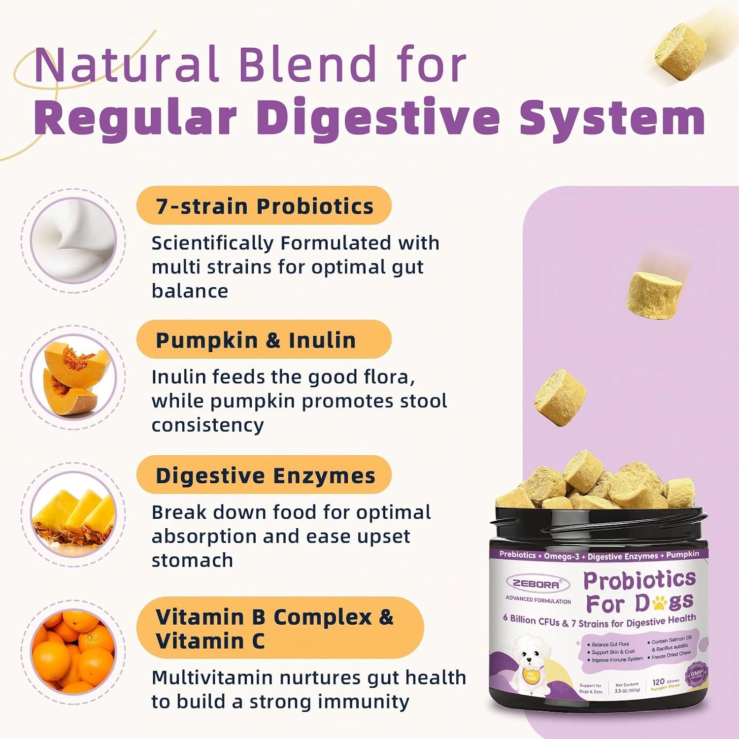 ZEBORA Probióticos para Perros, para la Salud Digestiva, con Calabaza, Enzimas Digestivas, Omega-3, Apoya la Salud Intestinal e Inmune, 120 Masticables Liofilizados