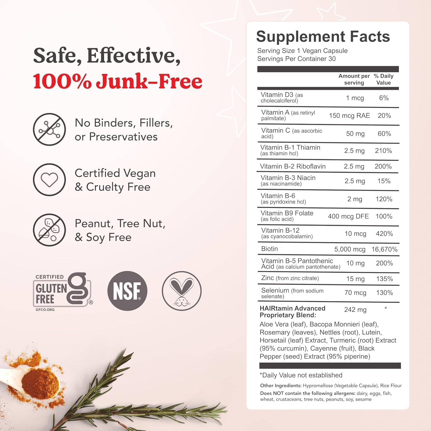HAIRtamin Advanced Formula Biotin 5000 mcg - Hair, Skin and Nails Supplement - 30 Capsules