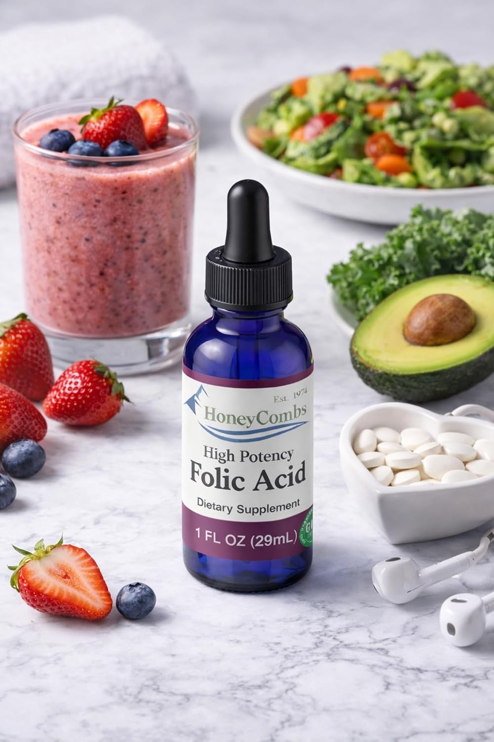HoneyCombs Gotas de Vitamina B9 (Ácido Fólico) – Suplemento Líquido de Folato, 30 ml