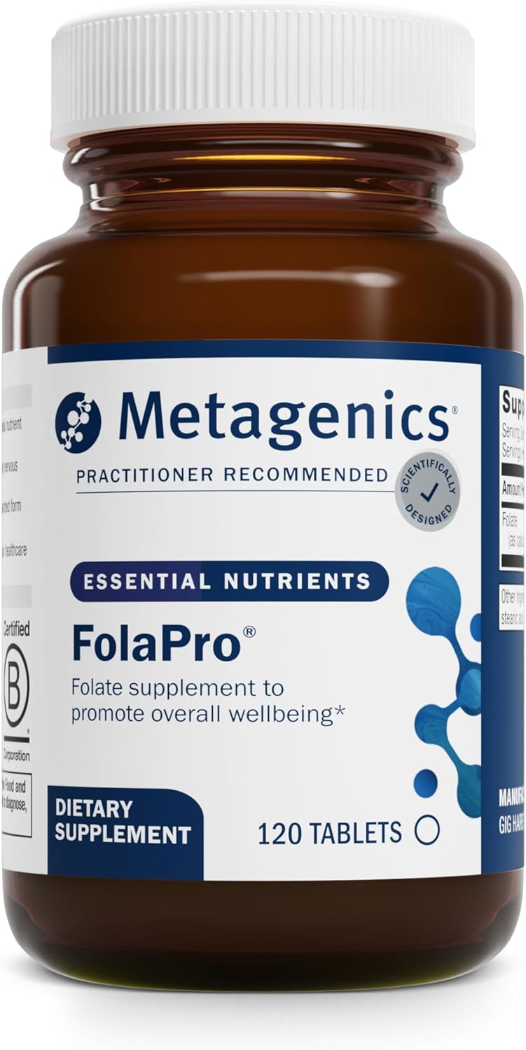 Metagenics FolaPro - Folato L-5-MTHF 1.330 mcg DFE - Apoya la Metilación y el Metabolismo de Homocisteína - Sin OGM, Sin Gluten, Vegetariano - 120 Comprimidos