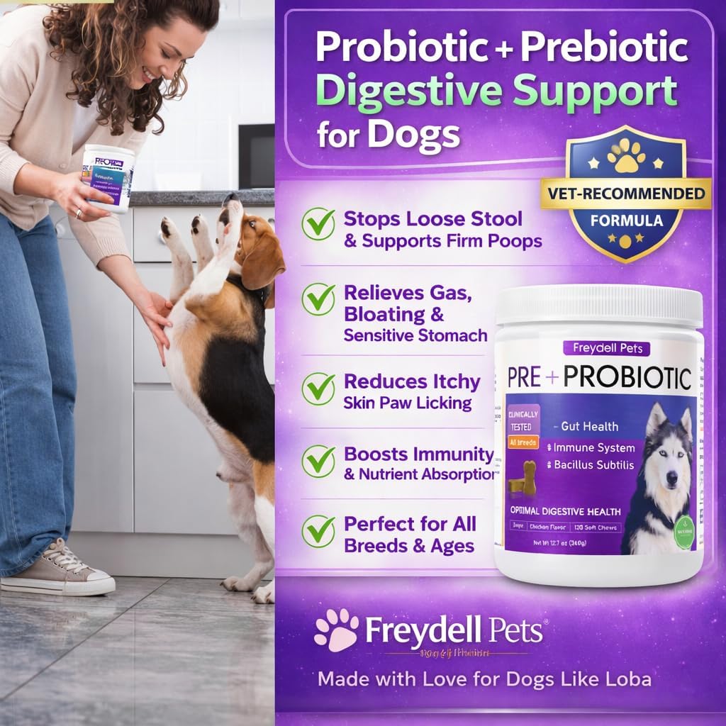 Freydell Pets Probióticos para Perros – Enzimas Digestivas, Prebióticos y Fibra – Salud Intestinal – 120 Chews