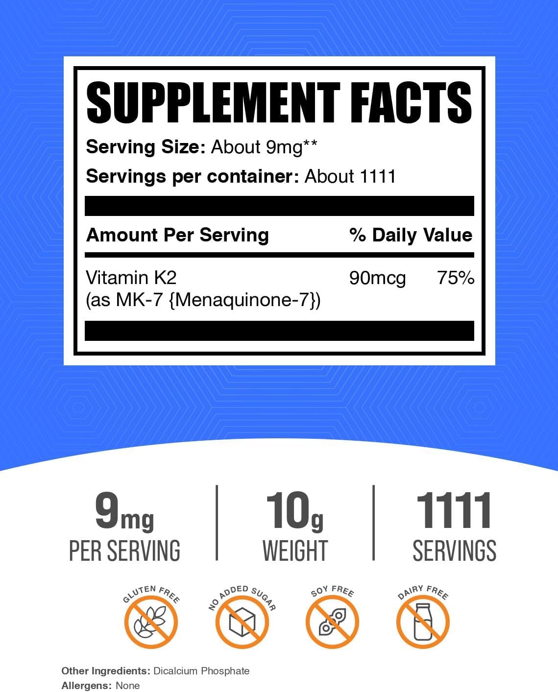 BulkSupplements Vitamina K2 (Menaquinona MK-7) en Polvo - 10g