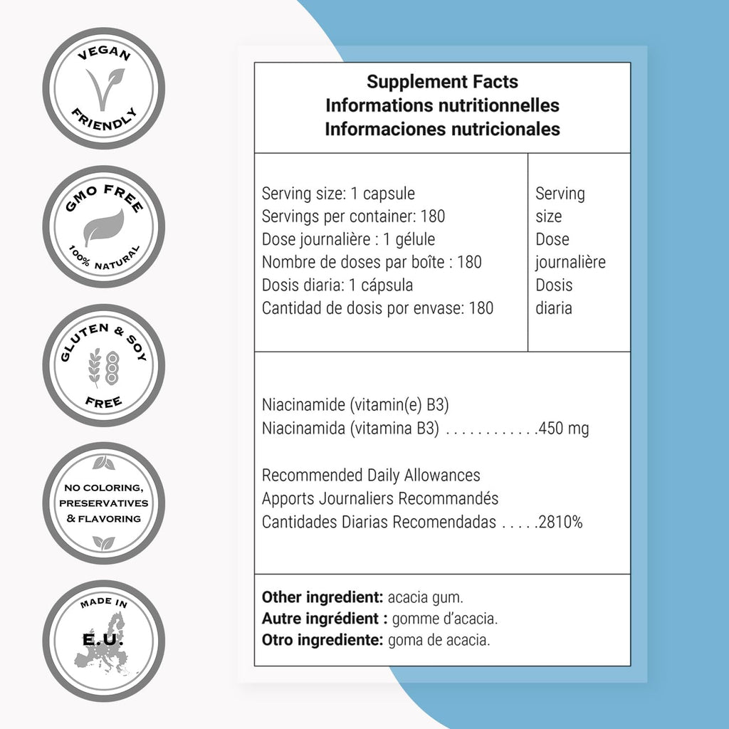 Supersmart - Suplemento de Niacinamida (Nicotinamida) 500mg - Vitamina B3 Sin Enrojecimiento - No GMO y Sin Gluten - 180 Cápsulas Vegetales