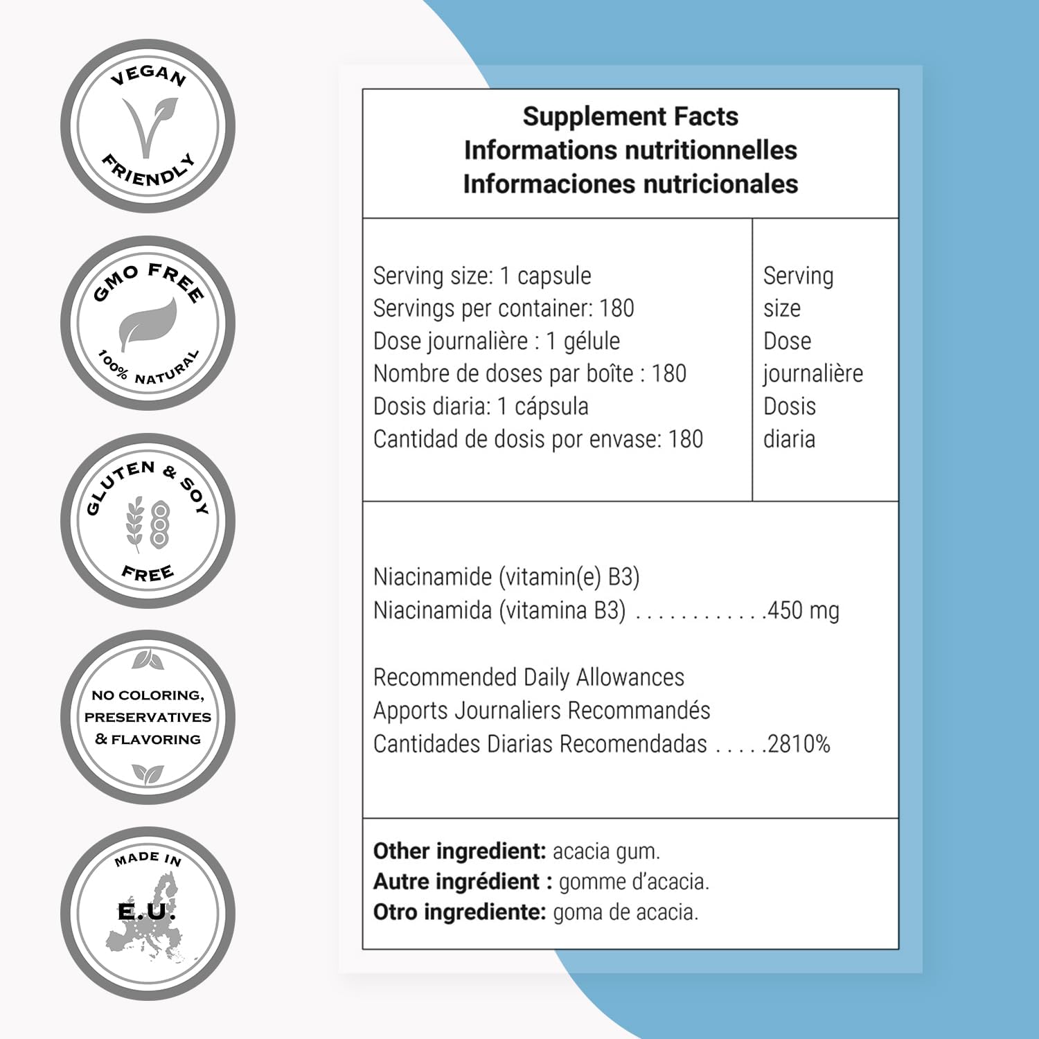 Supersmart - Suplemento de Niacinamida (Nicotinamida) 500mg - Vitamina B3 Sin Enrojecimiento - No GMO y Sin Gluten - 180 Cápsulas Vegetales