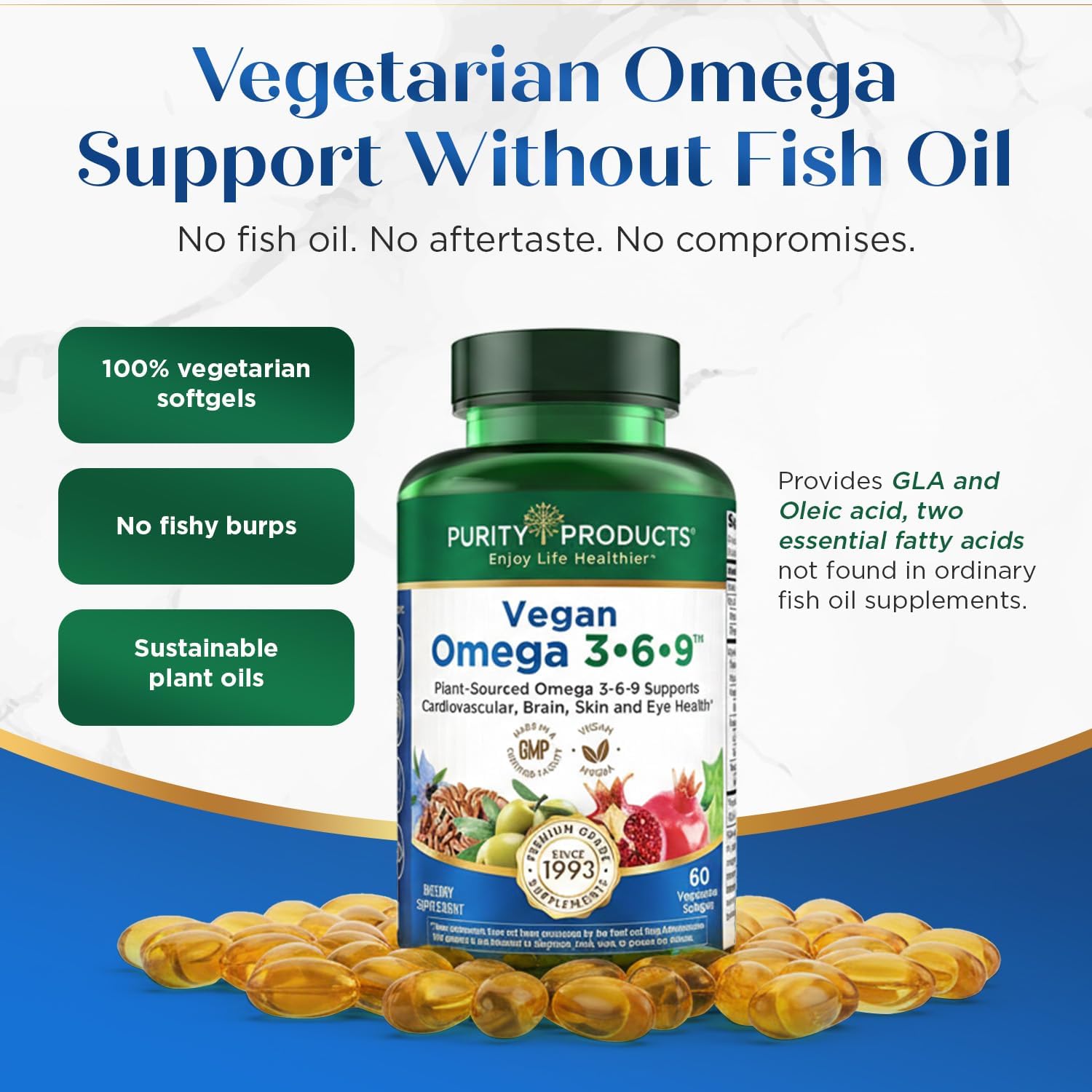 Purity Products Omega 3-6-9 Vegano – Fórmula 5 en 1 de Ácidos Grasos Esenciales (60 cápsulas blandas)