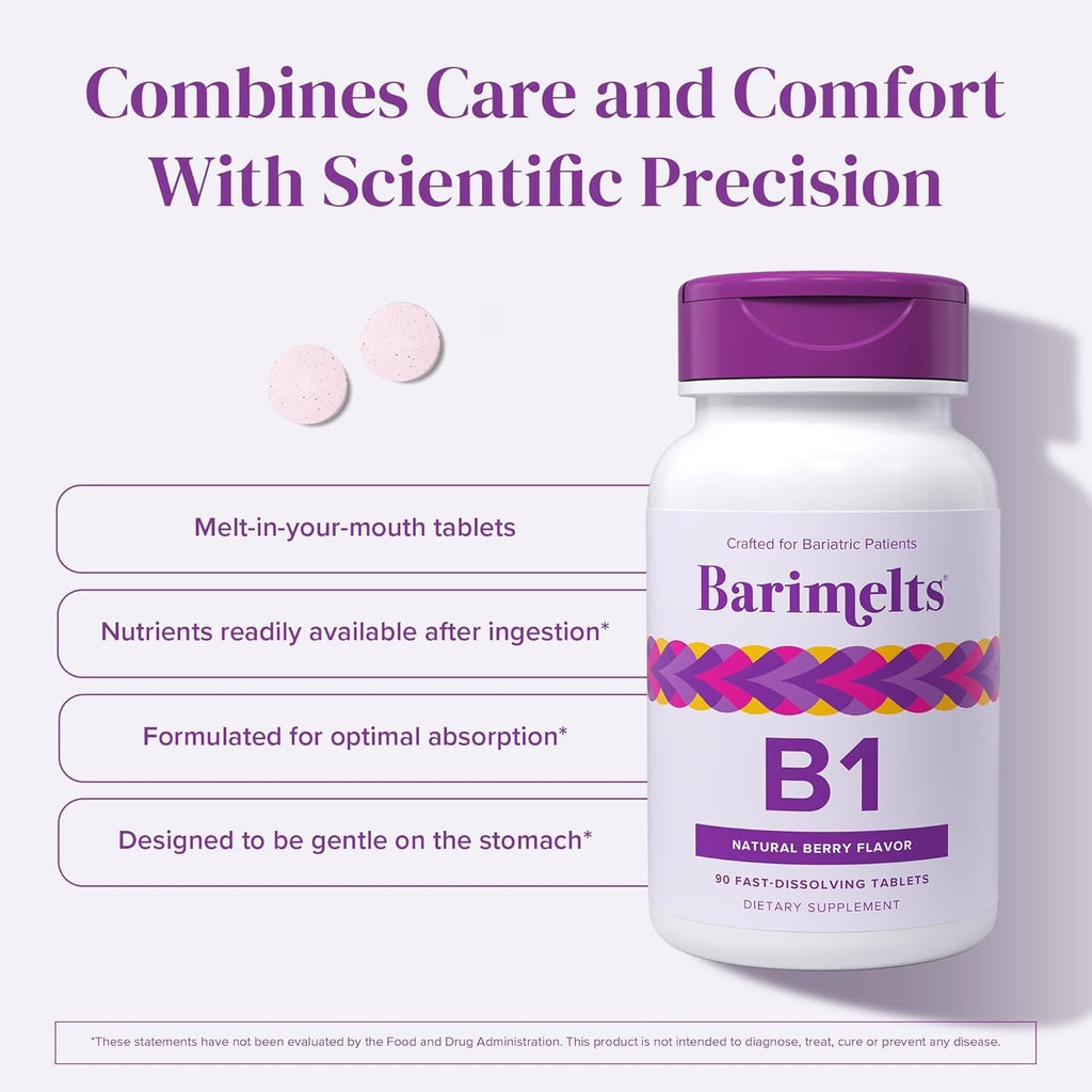 BariMelts Vitamina B1 - 90 Comprimidos de Disolución Rápida (Suministro para 3 Meses) - Sin Azúcar, Sabor Natural a Bayas