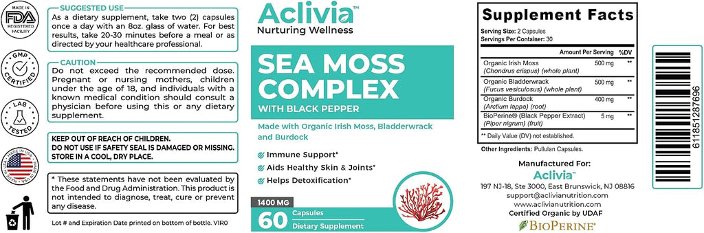 Cápsulas de Musgo de Mar Orgánico con Bladderwrack y Raíz de Bardana - 102 Minerales - No Transgénico (60 Cápsulas)