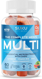 SUKU Multivitamínico Diario para Hombres en Gominolas – Vitaminas A, B12, C, D3, E, Zinc, CoQ10 y Licopeno – Sin Azúcar, Vegano, Sabor Frutas – 60 Gominolas