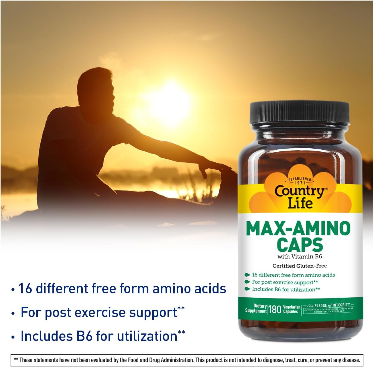 Country Life Maxi-Amino Caps – 16 Aminoácidos Libres – 180 Cápsulas Vegetales