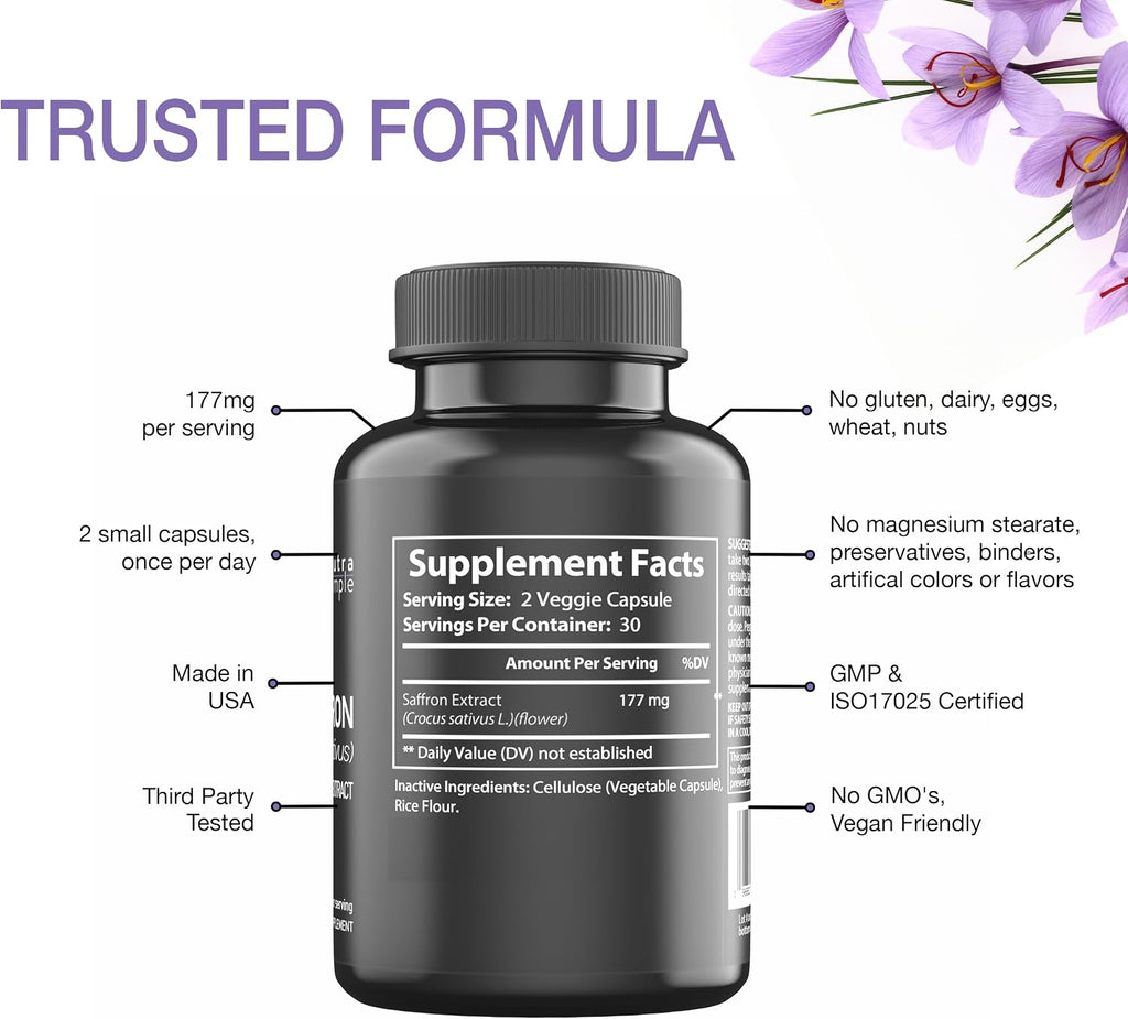 Suplemento de Azafrán 177 mg – Extracto Puro de Azafrán – Apoyo Natural para el Estado de Ánimo y la Energía – Vegano, No GMO – 60 Cápsulas