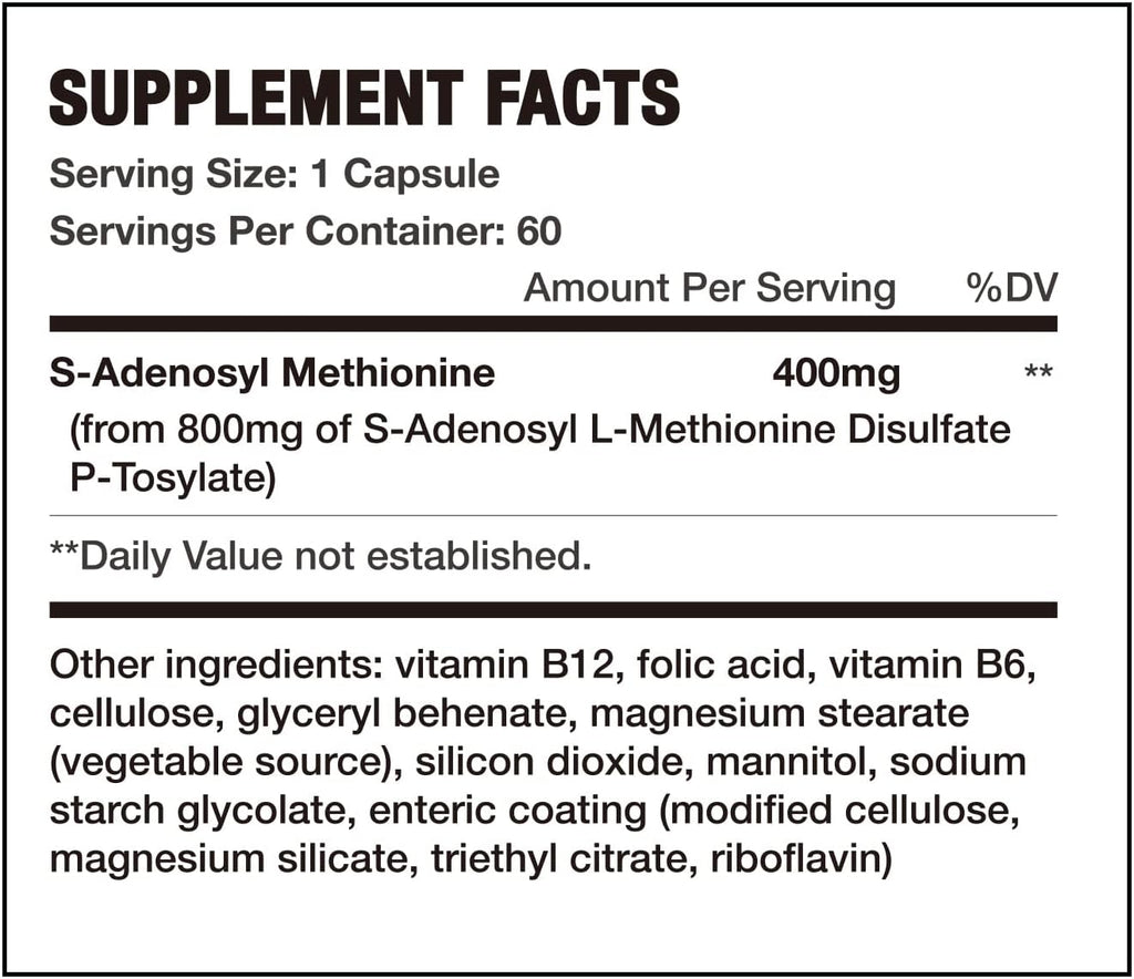 7c SAM-e 400 mg (S-Adenosilmetionina) con Vitaminas B6 y B12, Estado de Ánimo y Confort Articular, Vegano, Sin Gluten, 60 Cápsulas Gastrorresistentes