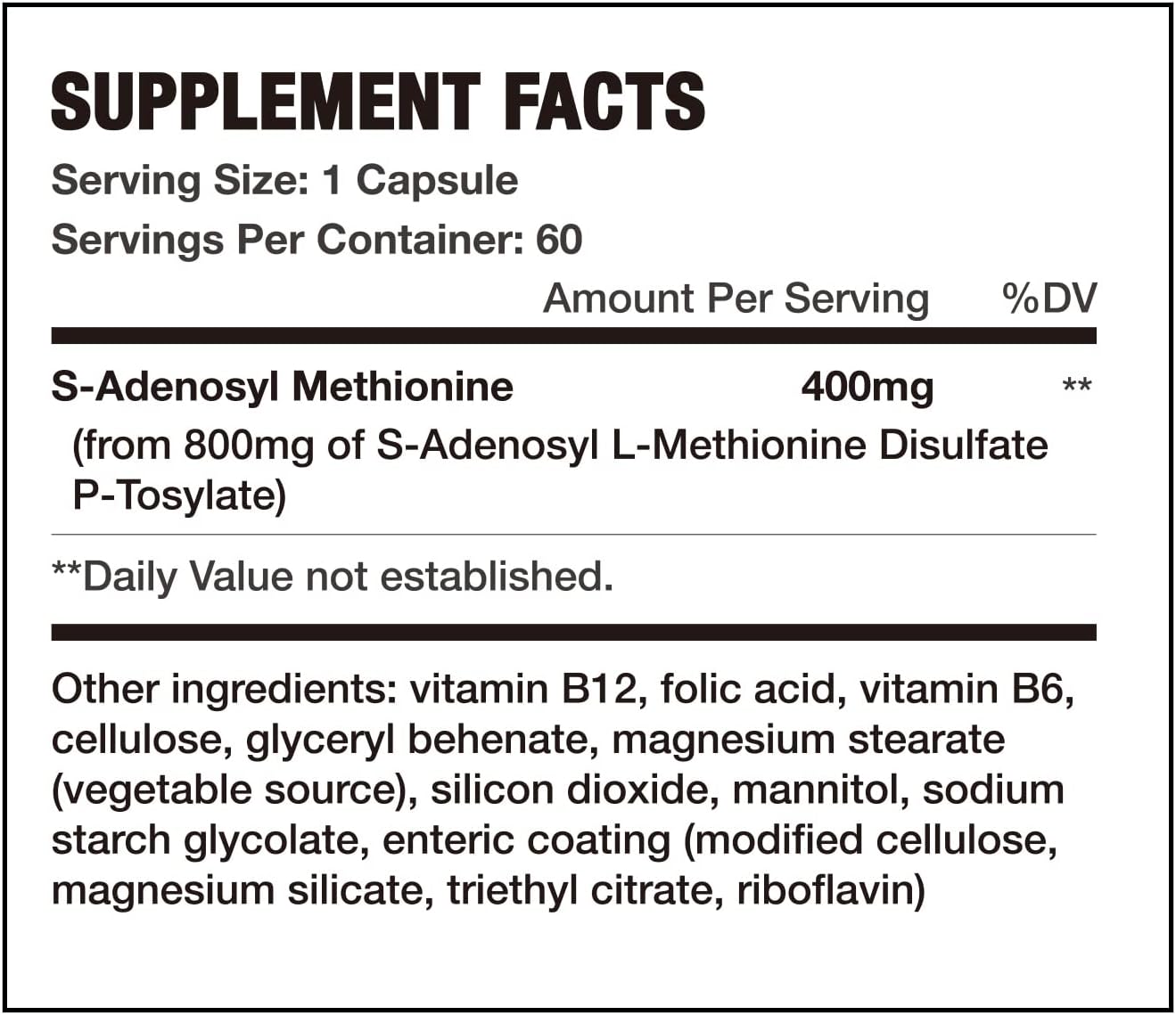 7c SAM-e 400 mg (S-Adenosilmetionina) con Vitaminas B6 y B12, Estado de Ánimo y Confort Articular, Vegano, Sin Gluten, 60 Cápsulas Gastrorresistentes