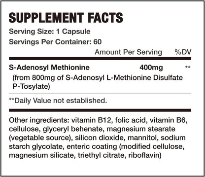 7c SAM-e 400 mg (S-Adenosilmetionina) con Vitaminas B6 y B12, Estado de Ánimo y Confort Articular, Vegano, Sin Gluten, 60 Cápsulas Gastrorresistentes