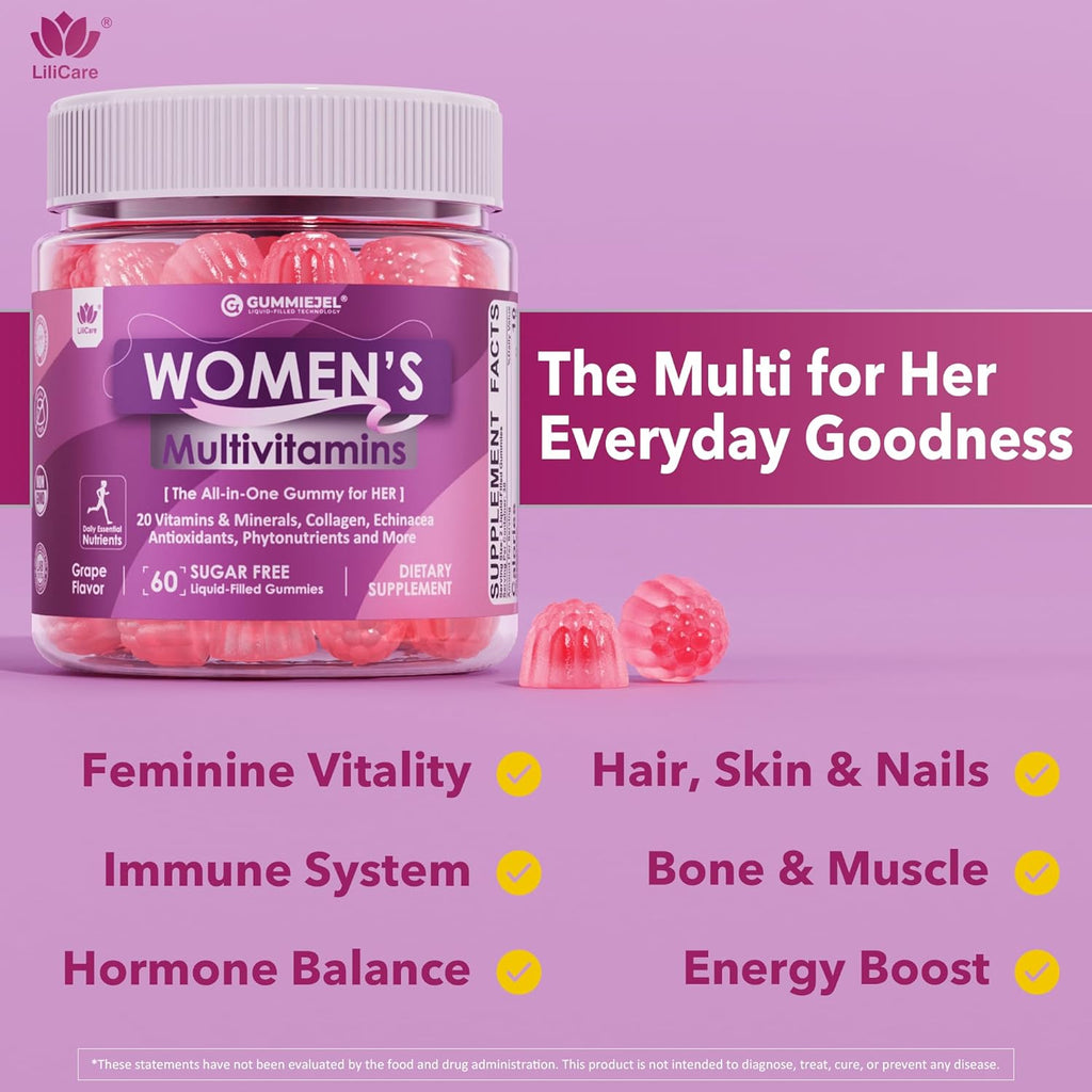 LILICARE Multivitamínico para Mujeres Gominolas - Sin Azúcar, Con Metilfolato, Biotina y Colágeno